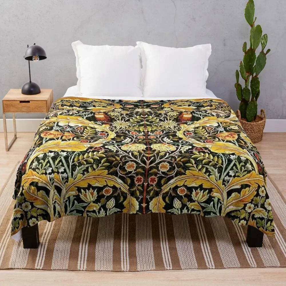 

OWL ON ACANTHUS LEAVES AND FLOWERS Yellow Brown Floral Throw Blanket Elegant Warm Throw Blanket for Hotel Home