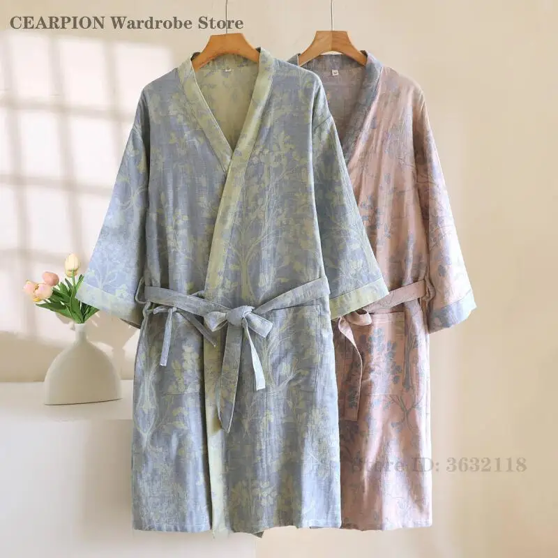 

Print Flower Cotton Kimono Bathrobe Gown Female Robe Home Dress Spring Summer New Sleepwear Nightgown Loose Lounge Wear Lingerie