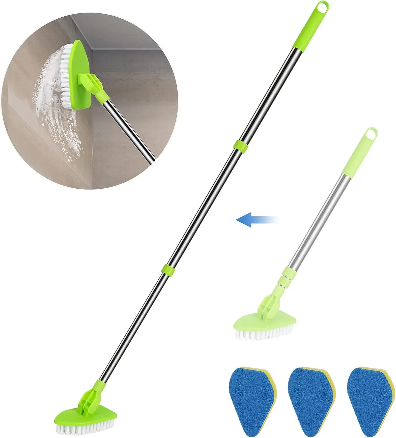 

Long Handle Scrub Brush with 37" Extendable Pole, 1 Stiff Bristle and 3 Sponge Pads for Bathroom Tub Tile Floor