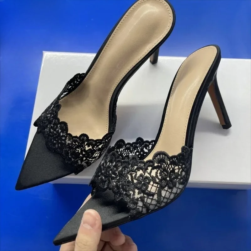 

New Fashion Minimalist High-heel Outdoor Leisure Slippers Women's Pointed Thin Heel Champagne Black Sexy Summer Sandals Size 42