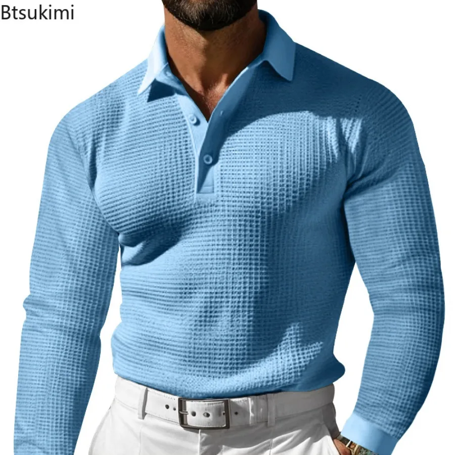 

2025 New Men's Long Sleeve Polo Shirts Fashion Solid Slim Waffle Button Pullover Tops Spring Autumn Casual Simple T-shirts Male
