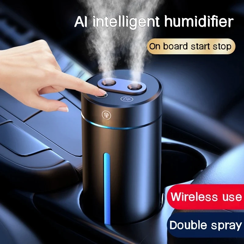 

380ml Dual Spray USB Rechargeable Car Air Humidifier Purifier with Automatic Start/Stop, Wireless Vehicle Humidification System