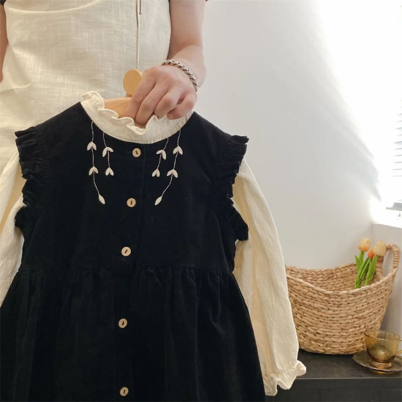 

In Stock Girls'2025Spring and Autumn New Style Shirt Children's Flutter Sleeve Dress Two-Piece Set Stylish Embroidered Skirt