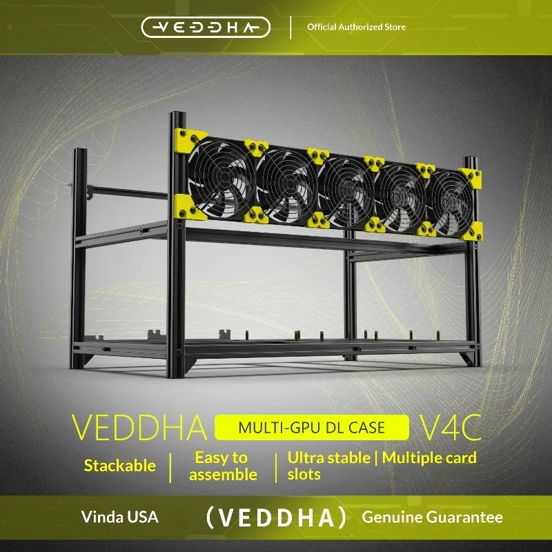 VEDDHA Mindercase V4 6-Bay Open Frame – Dual PSU, 5 Fans, Stackable, EATX/ATX, Mining/AI/Workstation