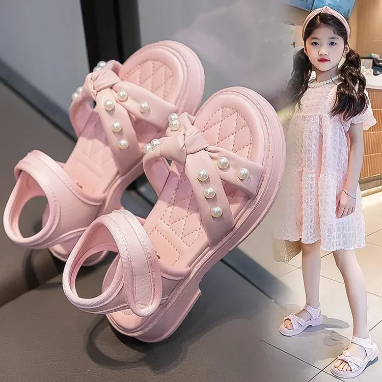 

Little Girls Beach Shoes 2024 Summer New Sandals with Pearl for Party Wedding Kids Anti Slip Knot Princess Shoes for Vacation