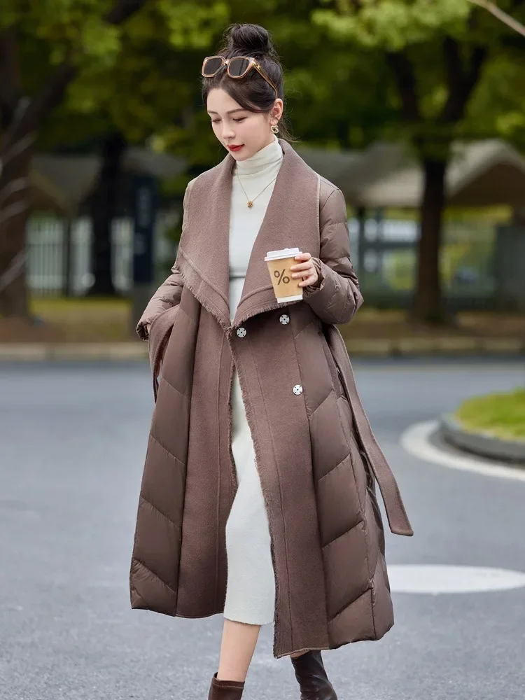 Femmes 2025 nouveau hiver haut Long vêtements épaissi chaud blanc canard vers le bas manteau Patchwork laine gland doudoune femme