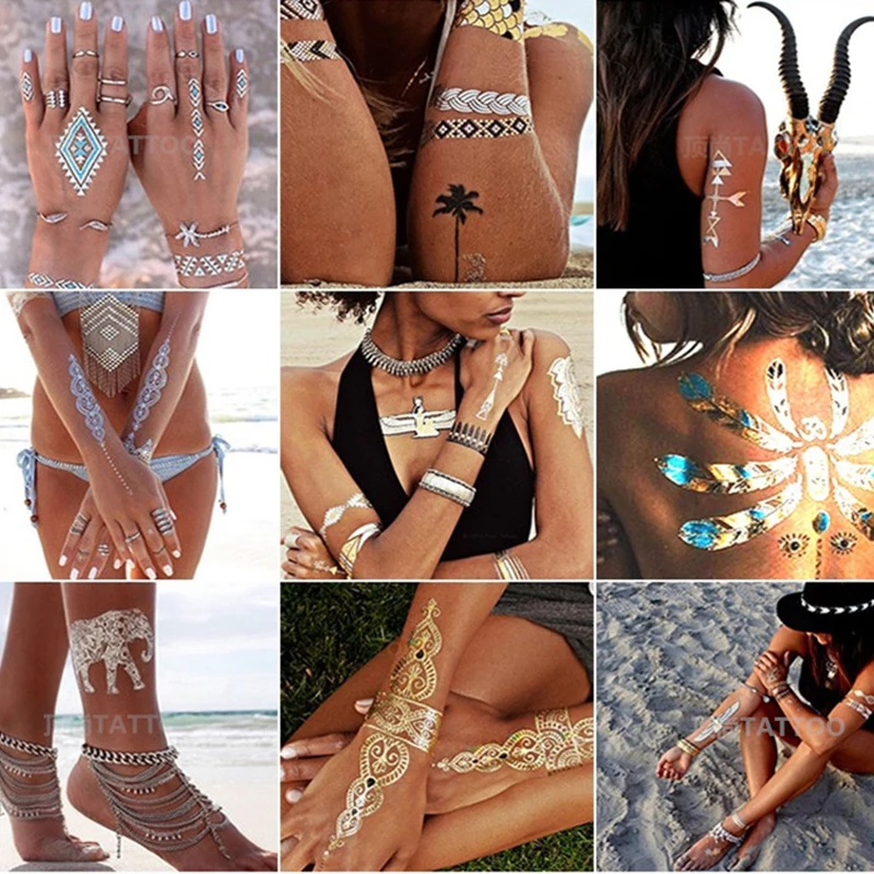 15pcs/lot Waterproof Flash Tattoo Non-toxic Temporary Tattoo Sticker Take These Metallic And Gold Jewelry Tattoos