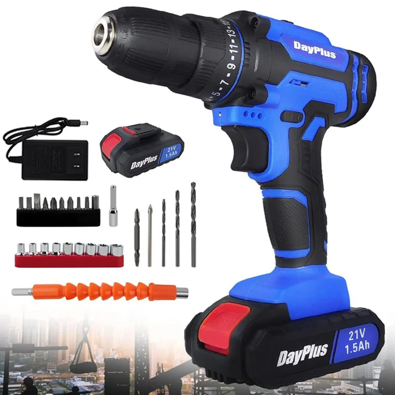 21V Cordless Driver Electric Power Combi Drill Set with 1 Battery Charger,2-Speed,400 In-lb Torque,25+1 Setting,26Pcs Bits,3/8