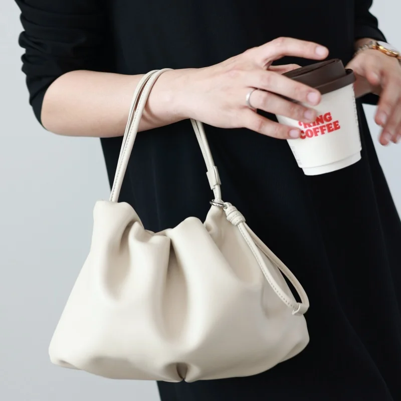 Women Genuine Leather Drawstring Crossbody Bags Soft Handbag Adjustable Shoudler Strap And Handle Versatile Style