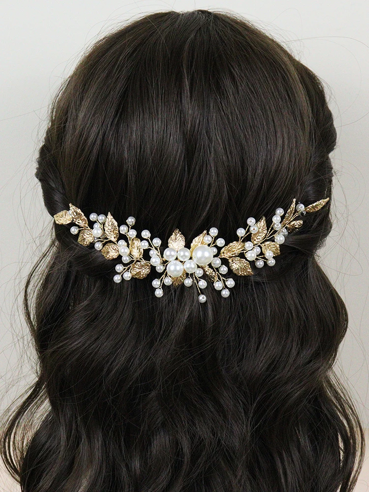 Golden Leaf Pearls Headband Handmade Bride Headdress Vintage 90s Elegant Women Headpieces for Party Wedding Hair Accessories