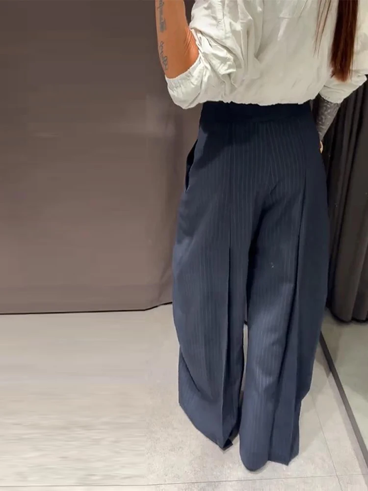 Verstellbare gestreifte Hose für Damen – Streetwear mit hoher Taille, Schnürung, weitem Bein und charmantem Panel-Design – Neu – Detail 26