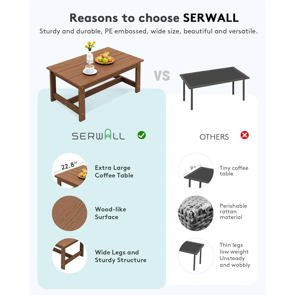 HDPE Patio Coffee Table, Rectangle Outdoor Coffee Table, All-Weather Coffee Side Table for Balcony, Poolside, Deck, Garden