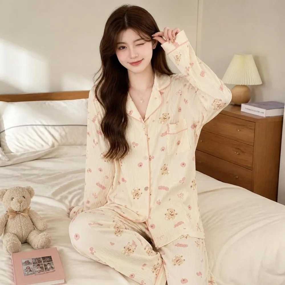 Sweet Leopard Long Pajama Set Bow Bear Women's Loungewear Homewear Floral Lady Nightwear Suit Girl