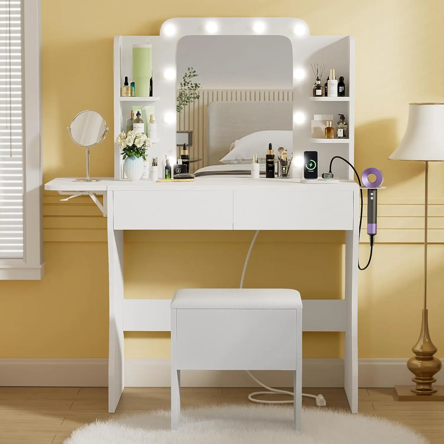 White Vanity Desk with Mirror and Lights - Makeup Vanitys with 2 Large Drawers & Power Outlet, Dressing Table Hollywood Vanities