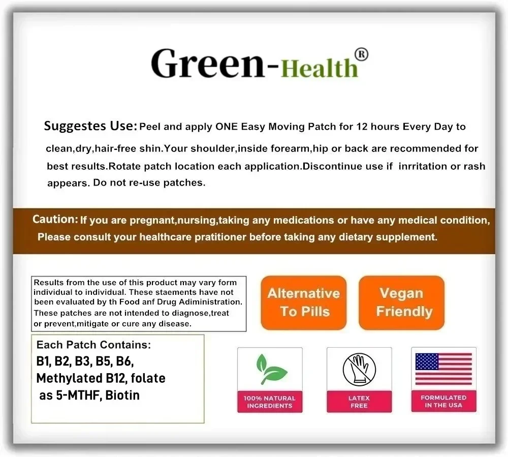 8-in-1 Complete B Complex Transdermal Patches（30 Patches ） Energy, Nerve, Blood Support – One Month Supply