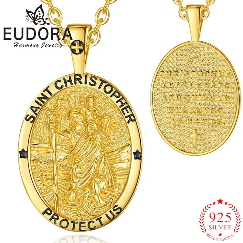 

Eudora 925 Sterling Silver Saint Christopher Necklace 18K Gold Cross Catholic Amulet Pendant Men Women Personality Jewelry Gift