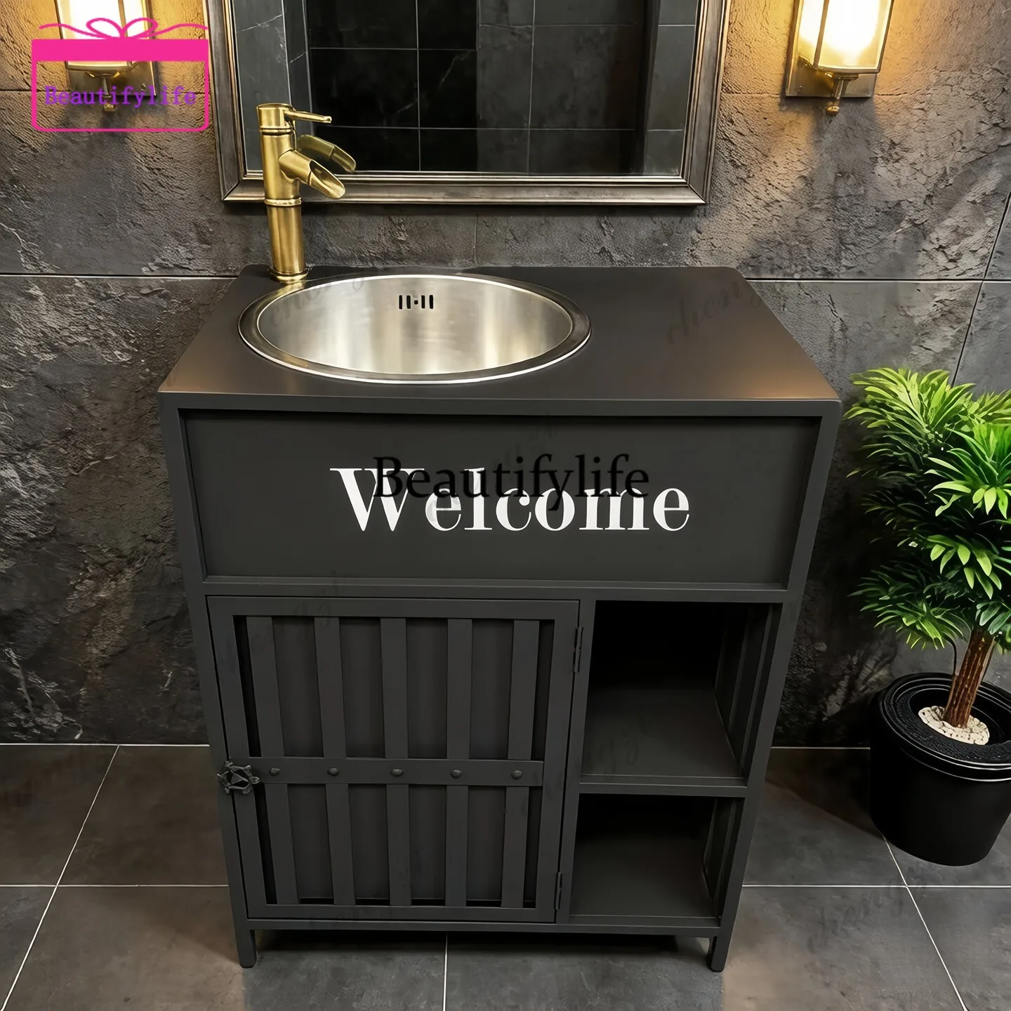 A17 Industrial wind stainless steel hand washing column basin, container hand washing, eating, storage locker integrated basin