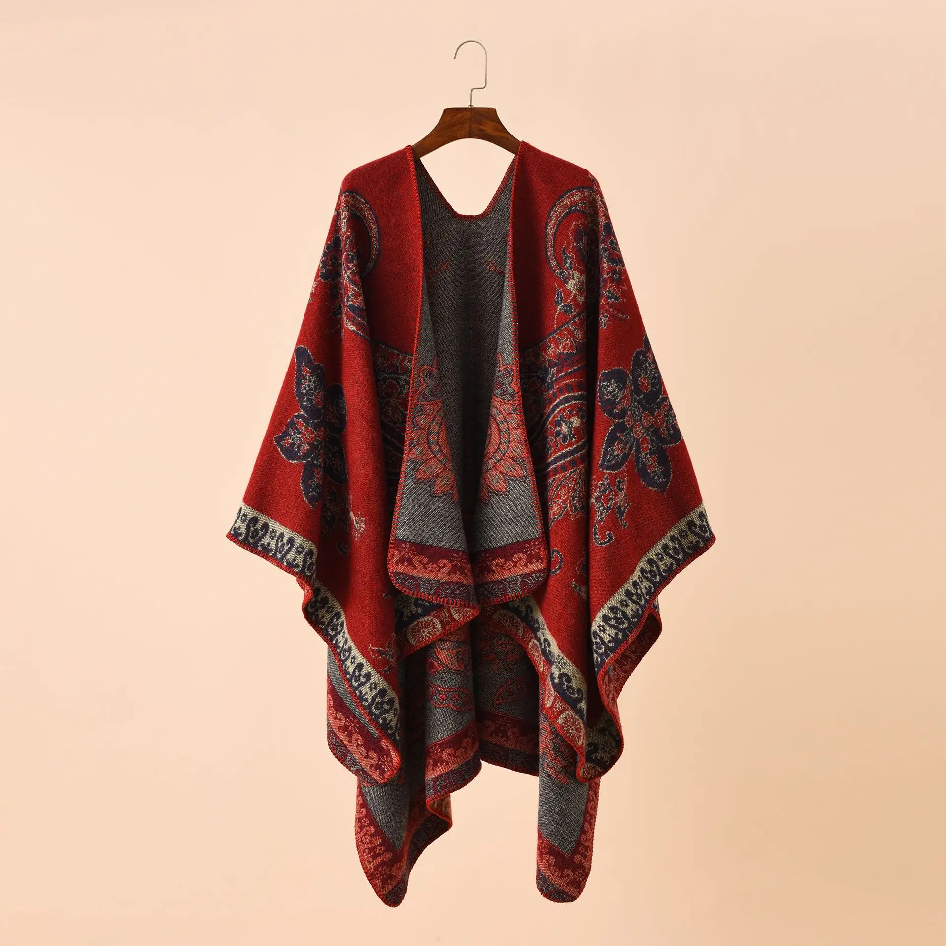 

2026 Autumn Winter New Street Geometric Lattice Flower Pattern Imitation Cashmere Warm Shawl Cloak Women Poncho Capes Red