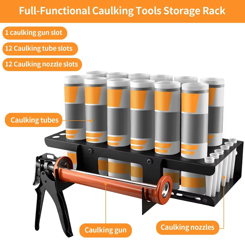 Wall Mounted Caulking Gun Rack Organizer, Heavy Duty Black Metal Holder for 12 Tubes,12 Nozzles &1 Gun. Powder Coated, Full Moun