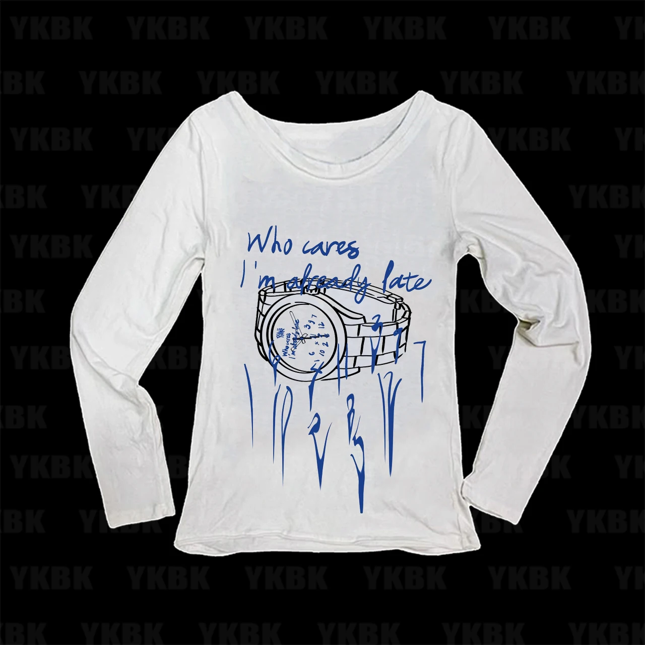 Grunge Alt Women Watch Line Art Hand Script Quote Print Long Sleeve Tee Scoop Neck Slim Y2K Edgy Casual Fitted Top