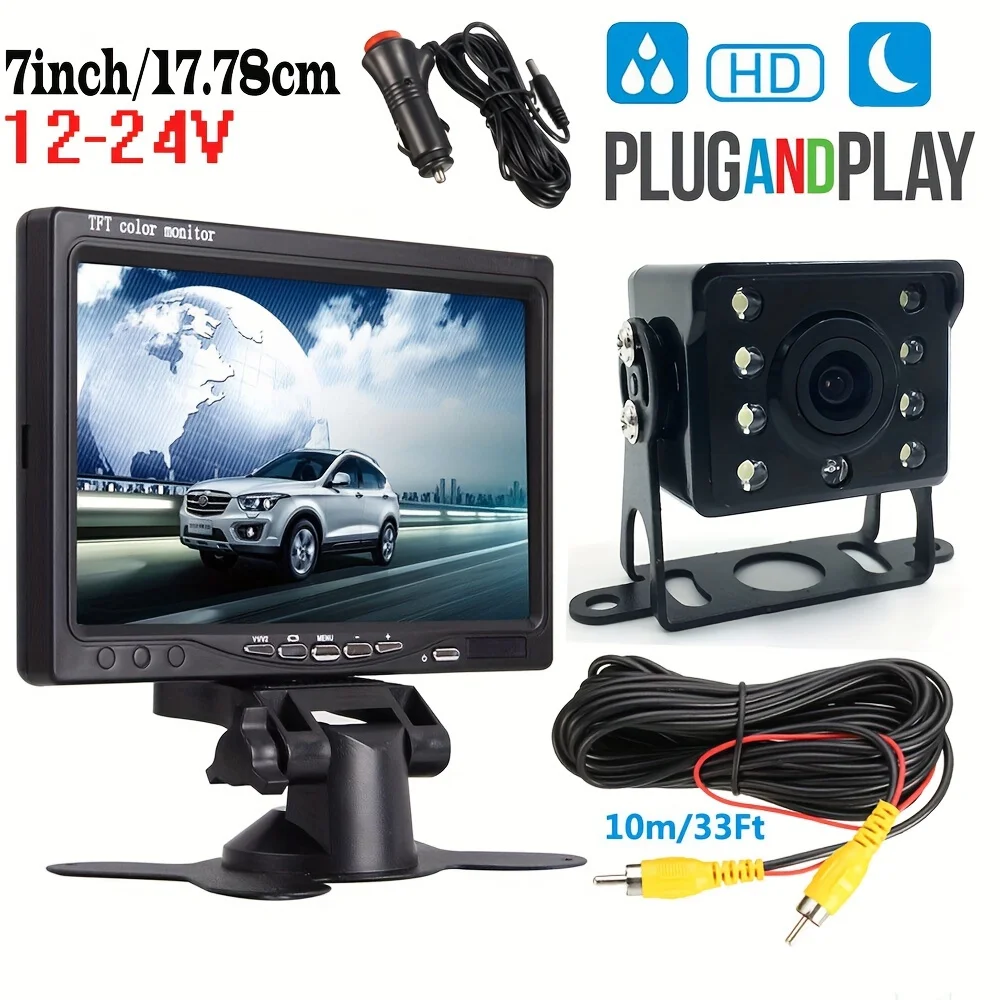 

7" Monitor Wired Heavy Duty CCD 8 Leds Rear View Camera RCA 10M Cable Reversing Backup Camera for Motorhome Caravan Bus