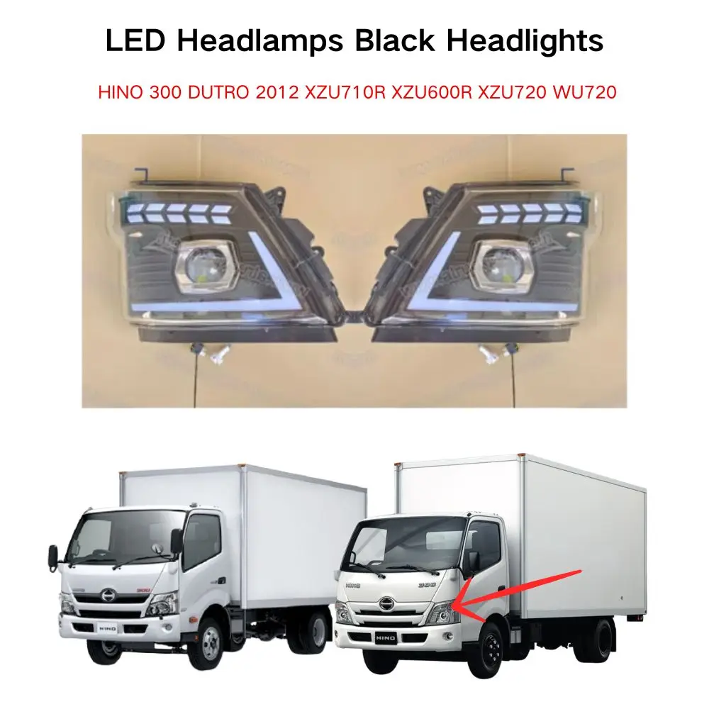 FDONG 1 Set 2 Pcs LED Headlamps Black Headlights for HINO 300 DUTRO 2012 XZU710R XZU600R XZU720 WU720