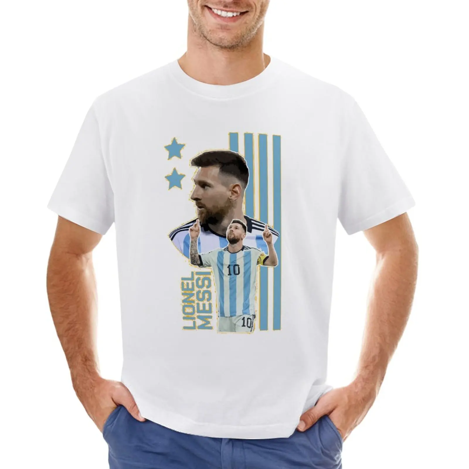 Leão e Andrés e Messi e Argentina No 10 GOAT Caricatura 17 Top Tee Motion, Qualidade de Viagem, EUA Tamanho, Gráfico, CELEBRAÇÃO