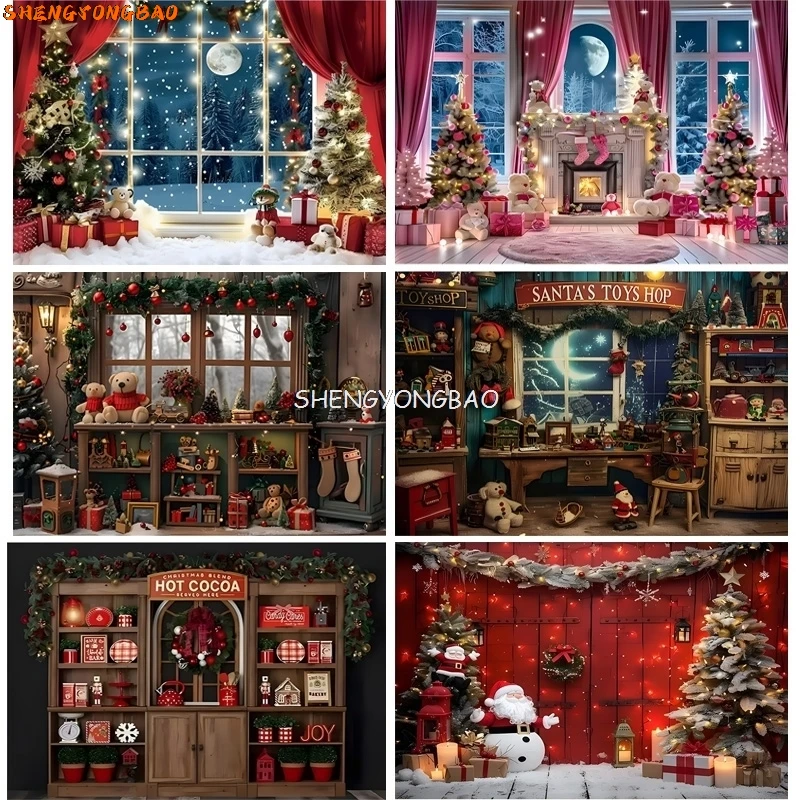 Christmas Tree With Gift Boxes Photography Backdrops Winter Snow Decorations Wooden Door Fireplace Room Background Props ST-03