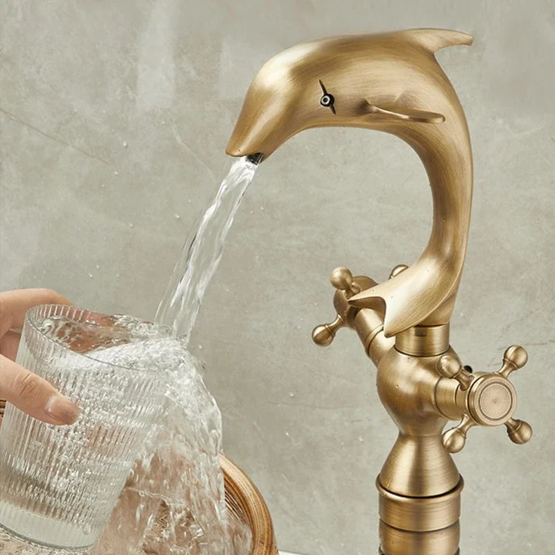 Antique Dolphin shape Brass Faucet Bathroom cabinet counter Basin Cold and Hot Double handle Faucet splash-proof
