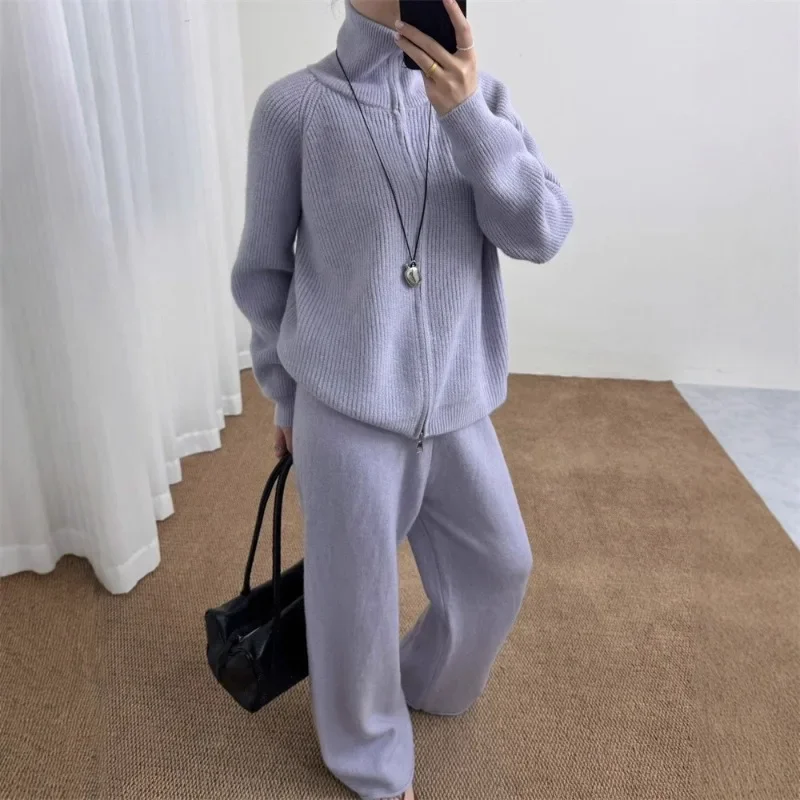 

Female Long Sleeve Zipper Sweater Cardigan Casual Trousers Knit Outfits Lady Pant Sets Korean Fashion Knitting Two-piece Set