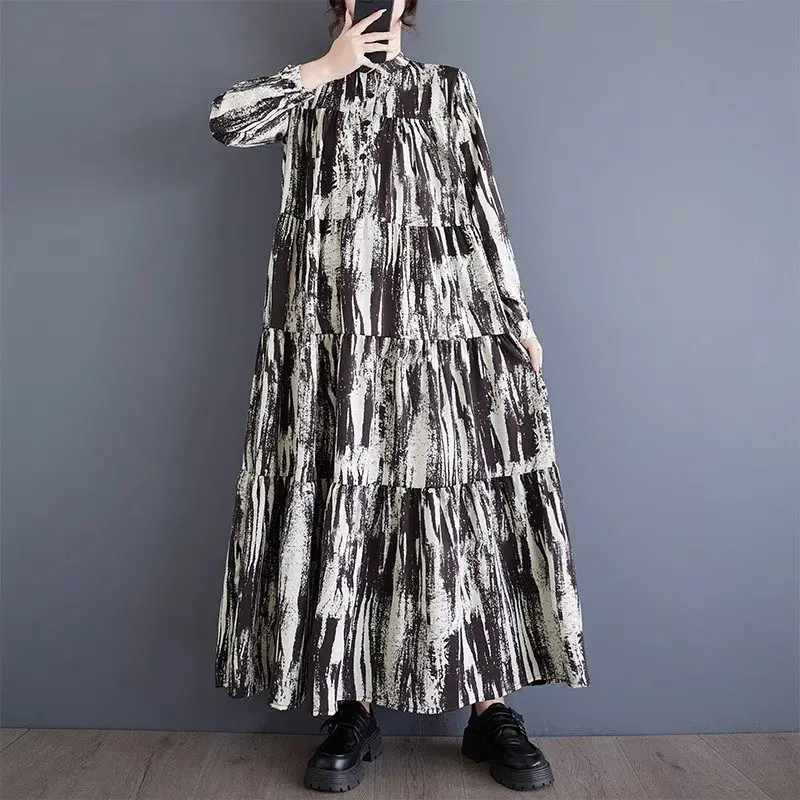 

2024 Autumn Fashionable Chiffon Printed Korean Edition Dress Loose Large Size Casual Art Single Breasted Long Shirt Dress a140