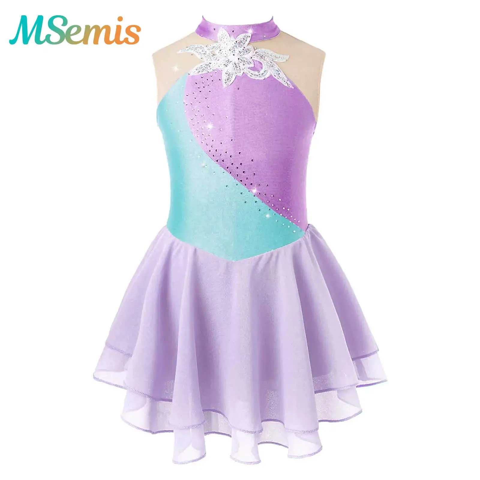 

Kids Girls Gymnastics Acrobatics Ballet Jersey Figure Skating Dress Lyrical Dance Leotard Ballet Tutu Rhinestone Mesh Costumes