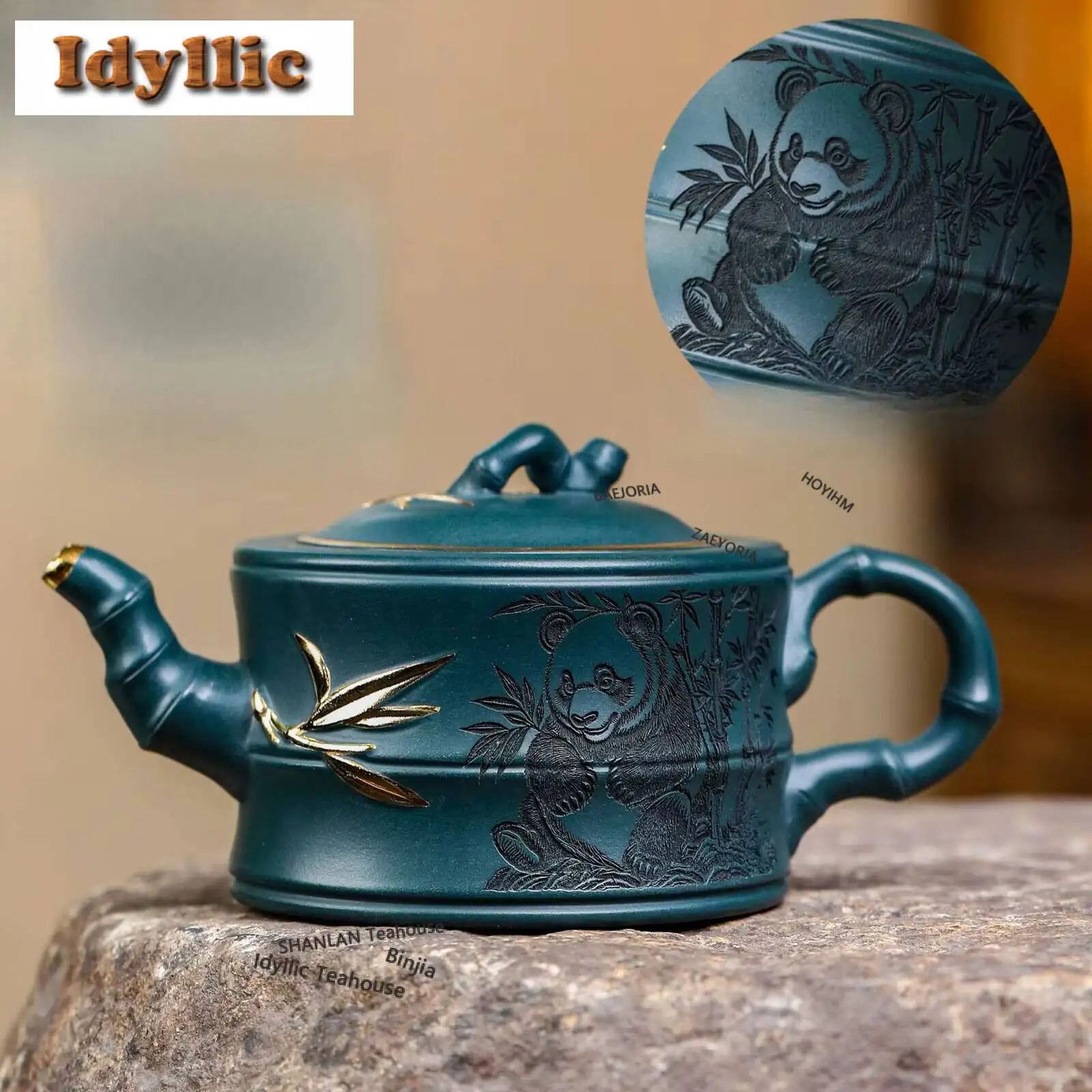 340ml Vintage Yixing Purple Clay Teapots Handmade Golden Bamboo Pot Raw Ore Blackish Green Mud Tea Brewing Kettle Zisha Tea Set