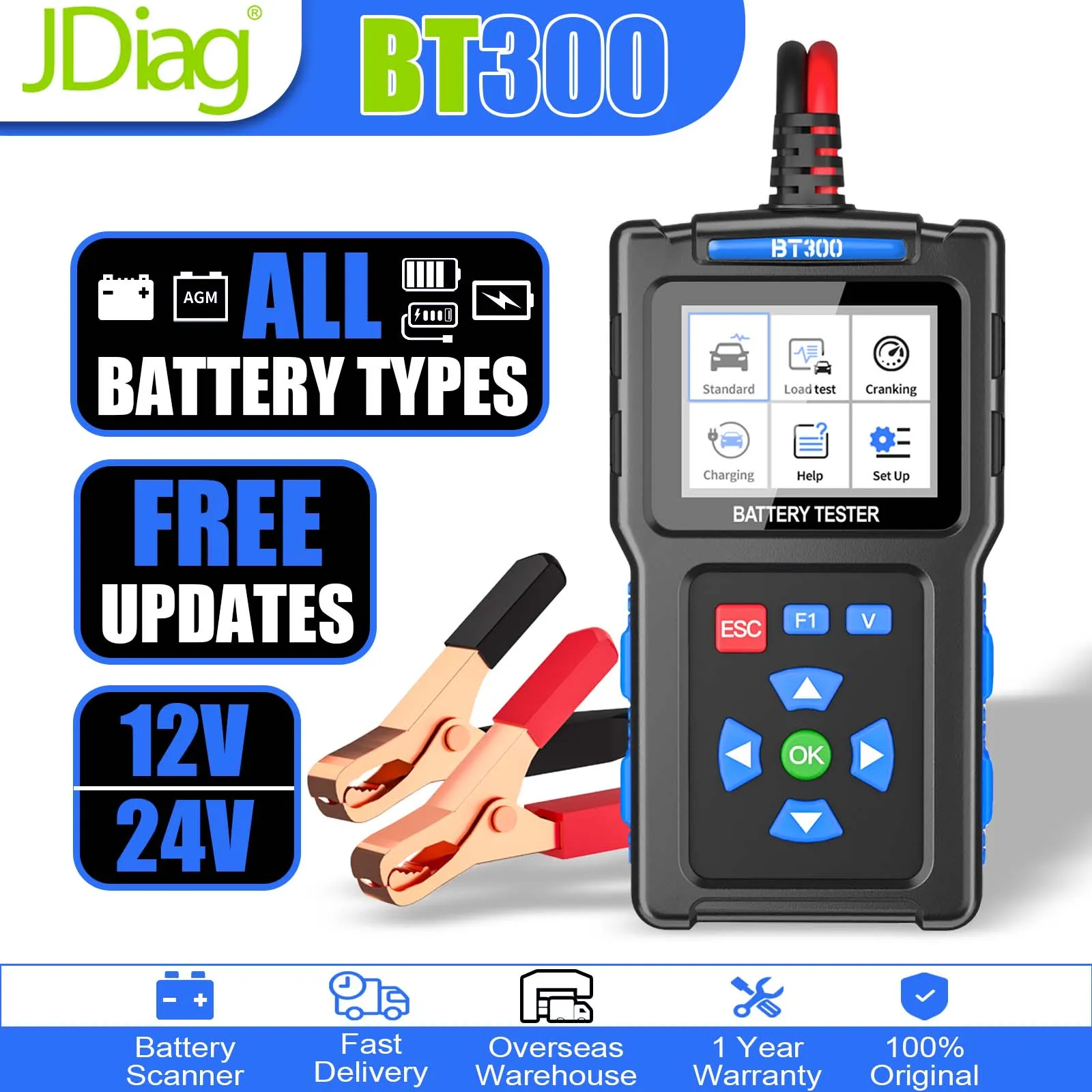 

JDiag BT300 Car Motorcycle Battery Tester 12V 24V Analyzer Charger Test CCA Auto Start Load Test Reverse Polarity Protection