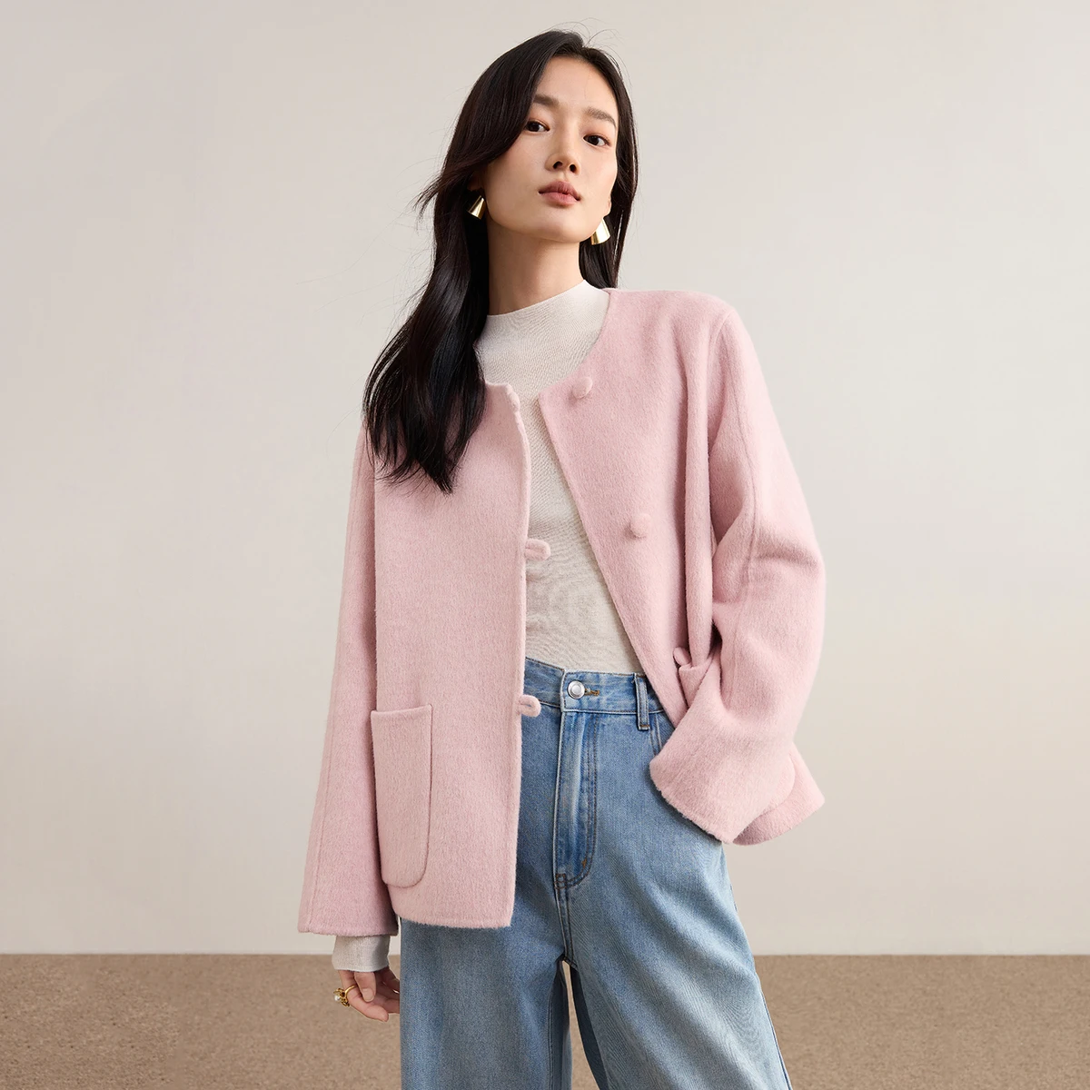 Dámská oboustranná bunda SENTUBILA z vlněné směsi, zimní 2025, výstřih do O, zapínání na knoflíky, termo, vícebarevný kabát W54OG8758 - náhled 5