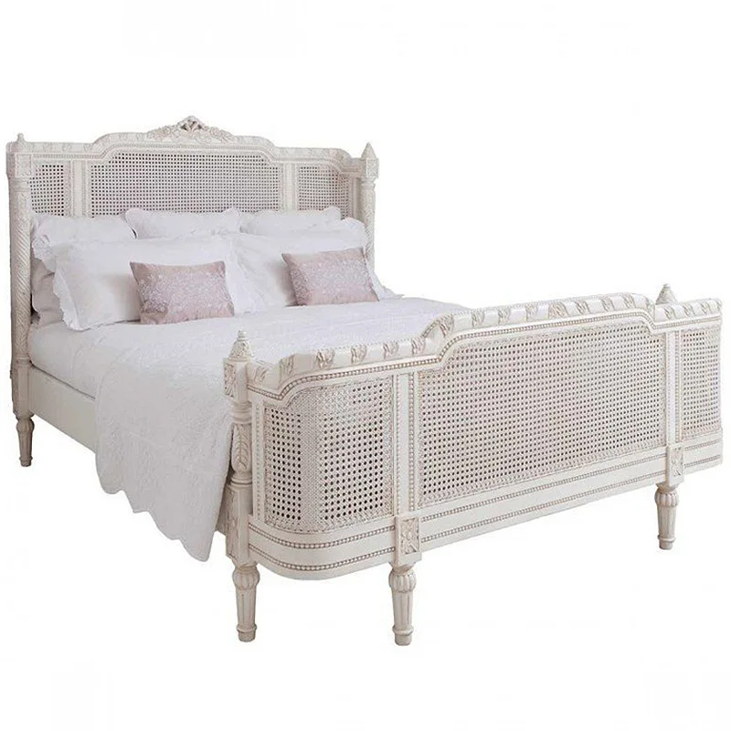 

French retro solid wood bed carved old rattan American country double Roman column full solid wood princess