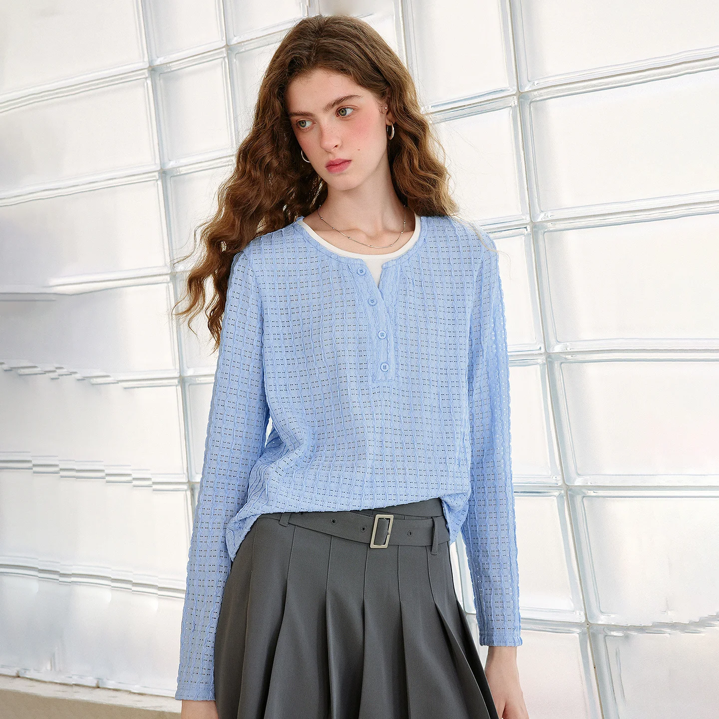 TOYOUTH Women's Long Sleeve T Shirt 2026 Autumn New Wave Textured Colorblock Double Collar Half Placket Slimming Casual Tops
