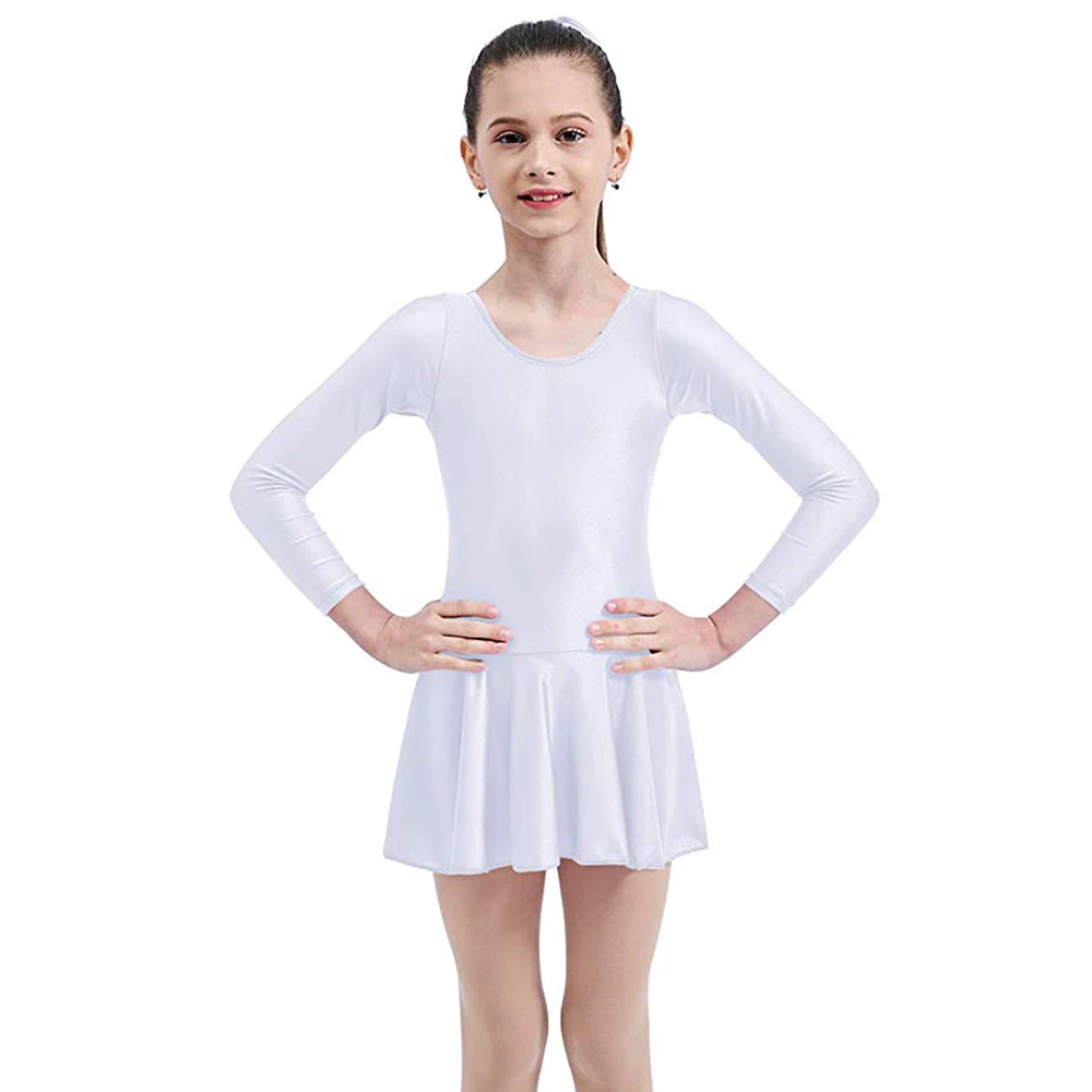 Aoylisey Justaucorps de danse rose à manches longues avec jupe pour filles Gymnastique Bosysuit Col rond Costumes en spandex Vêtements de danse en nylon