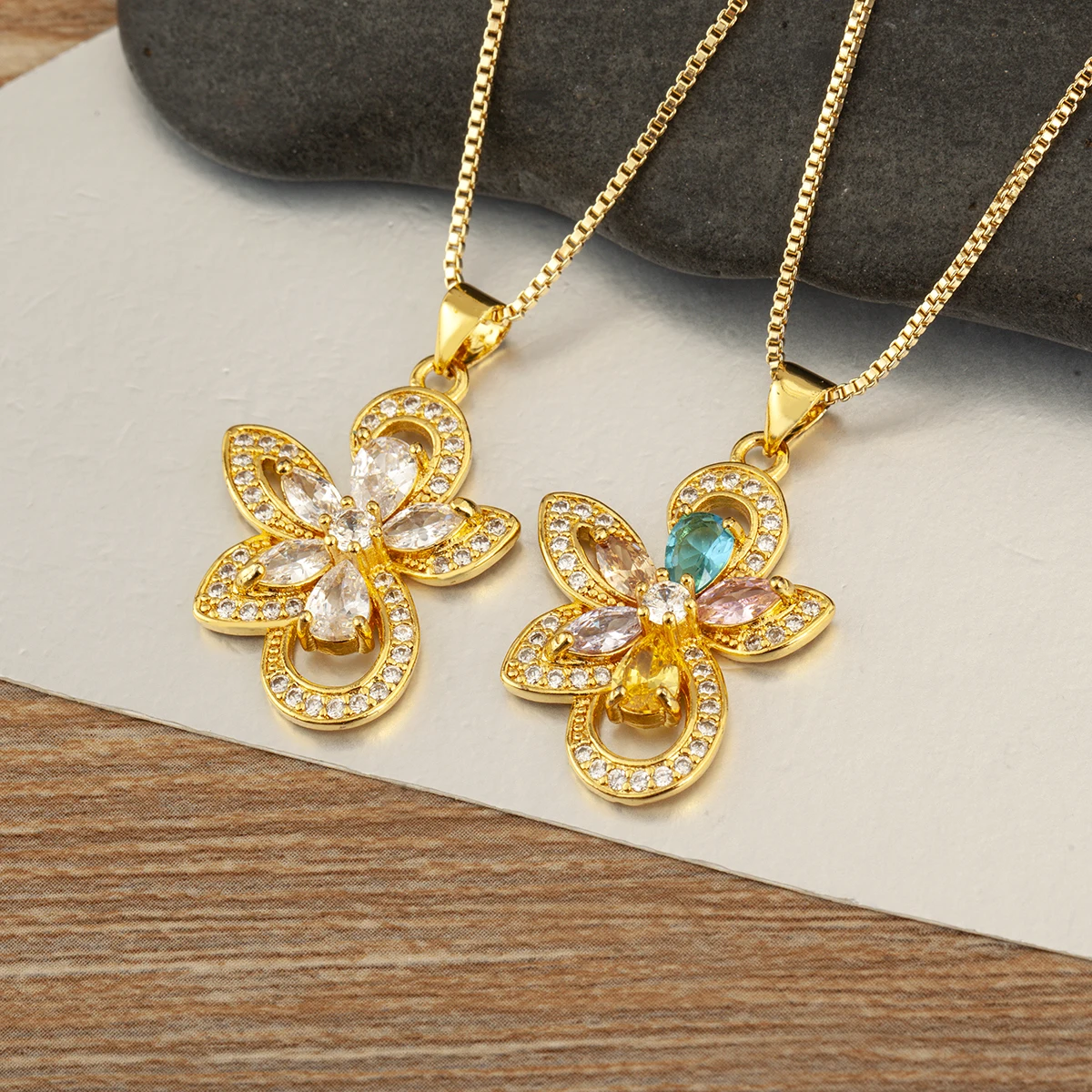 Nidin Multicolor Cubic Zirconia Flower Pendant Necklace For Women Luxury Hollow Floral Chain Link Wedding Party Jewelry Gifts