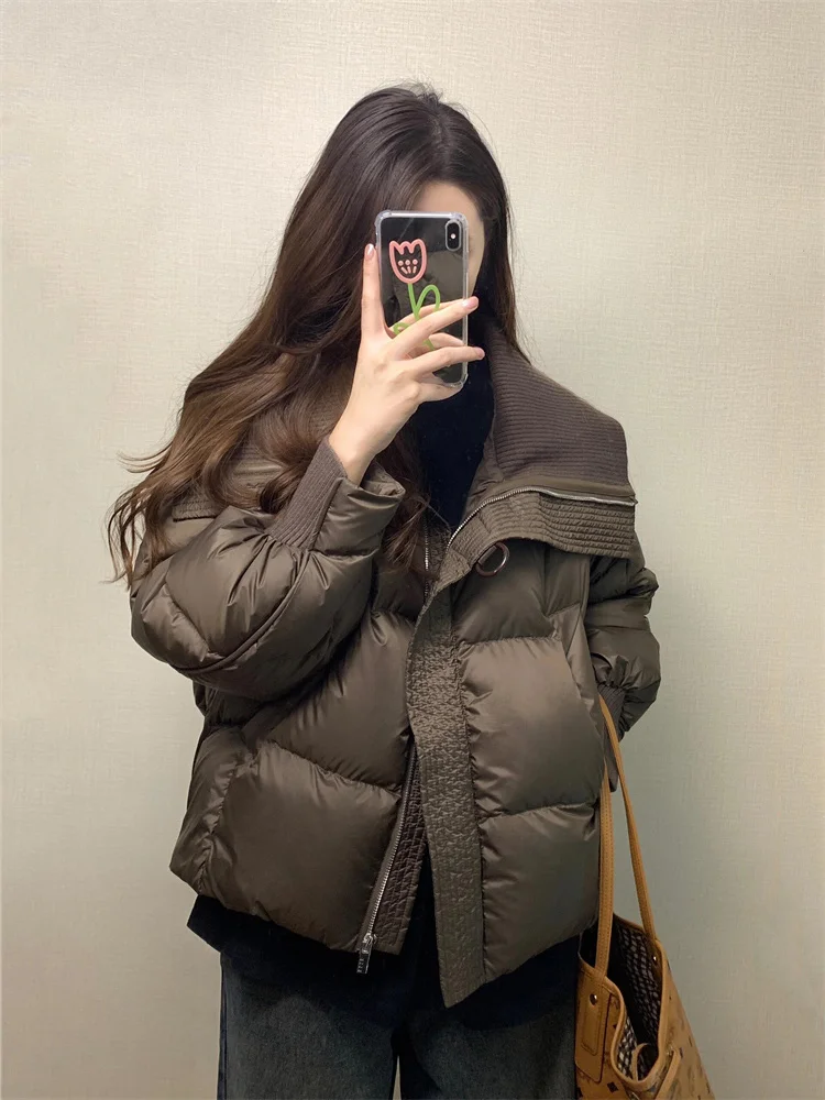 Deep Brown Short Cotton Jacket Women's Winter New Style Patchwork Collar Coat Korean Version Loose Fit Long Sleeve Zipper