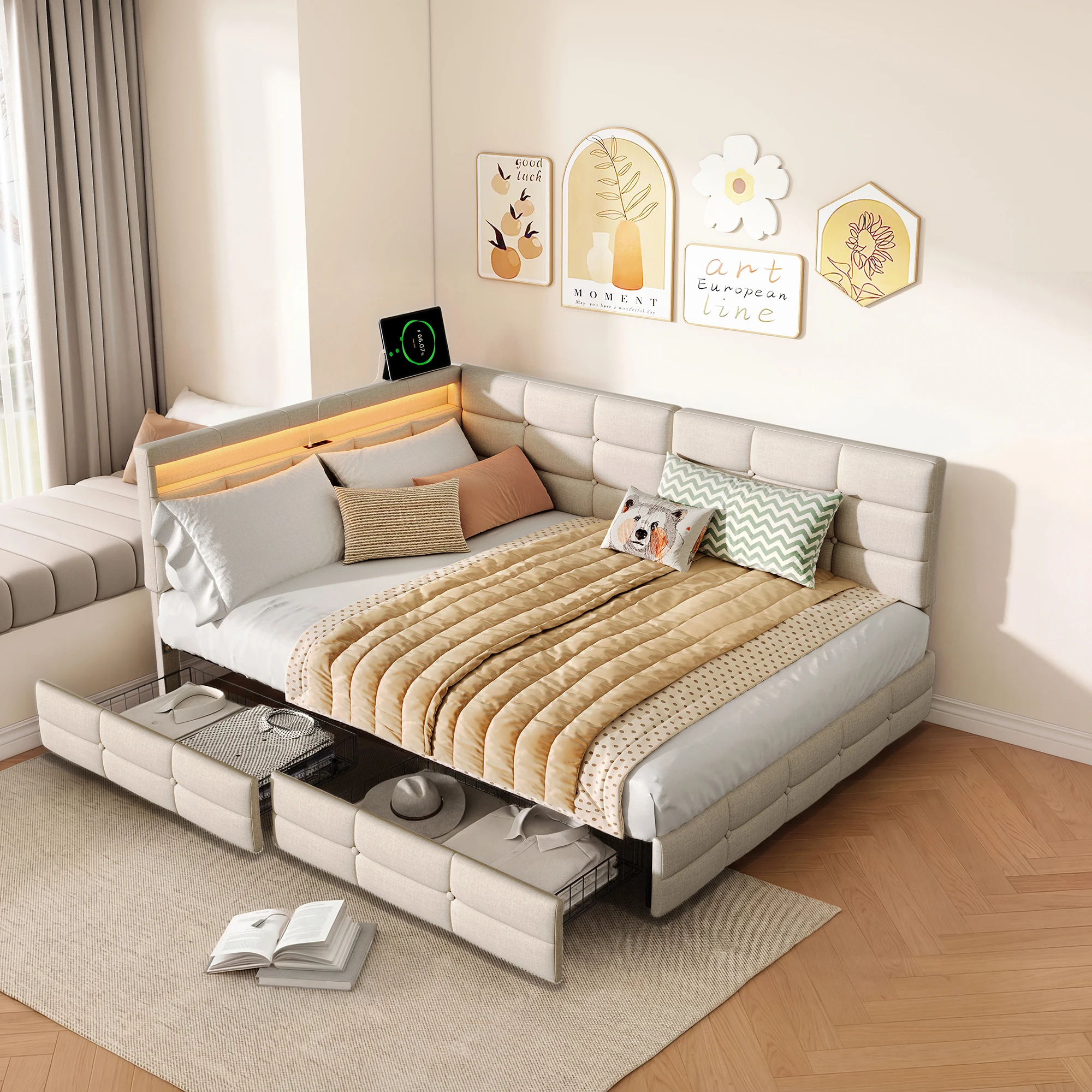 Fangange tweepersoonsbed, 140x190/200cm, L-vormig gestoffeerd bedframe met USB & LED-verlichting & 2 lades, linnenstof, zonder matras - afbeelding 2