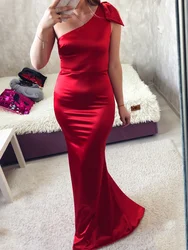 Romagic Elegant Burgundy Bow Evening Gowns Green Stretchy Satin Sleeveless One Shoulder Mermaid Wedding Dresses Bridesmaid Dress