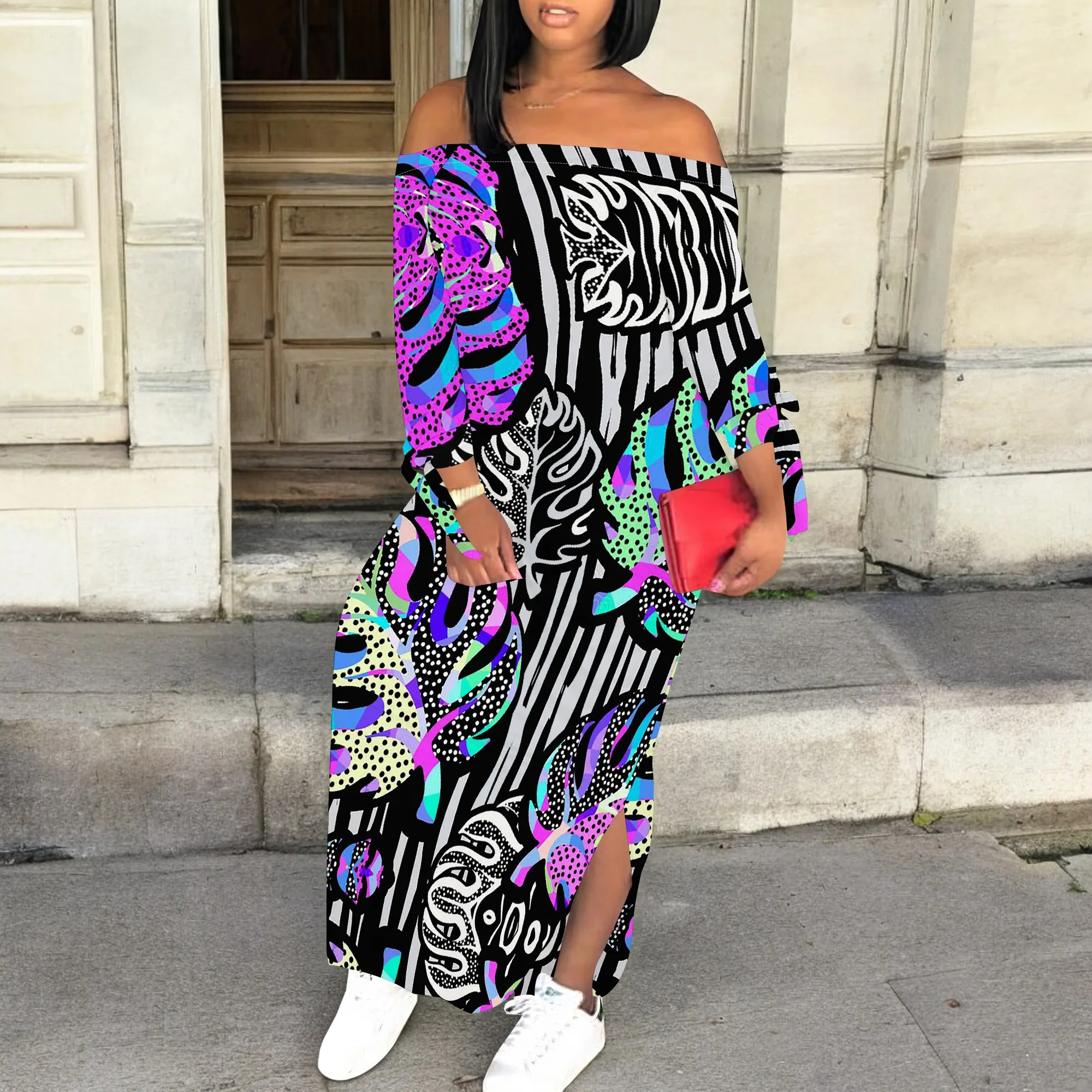 

Women's Abstract Print Maxi Dress Boho Off Shoulder Long Sleeve Loose Dress with Slit for Vacation Beach Wear S-3XL