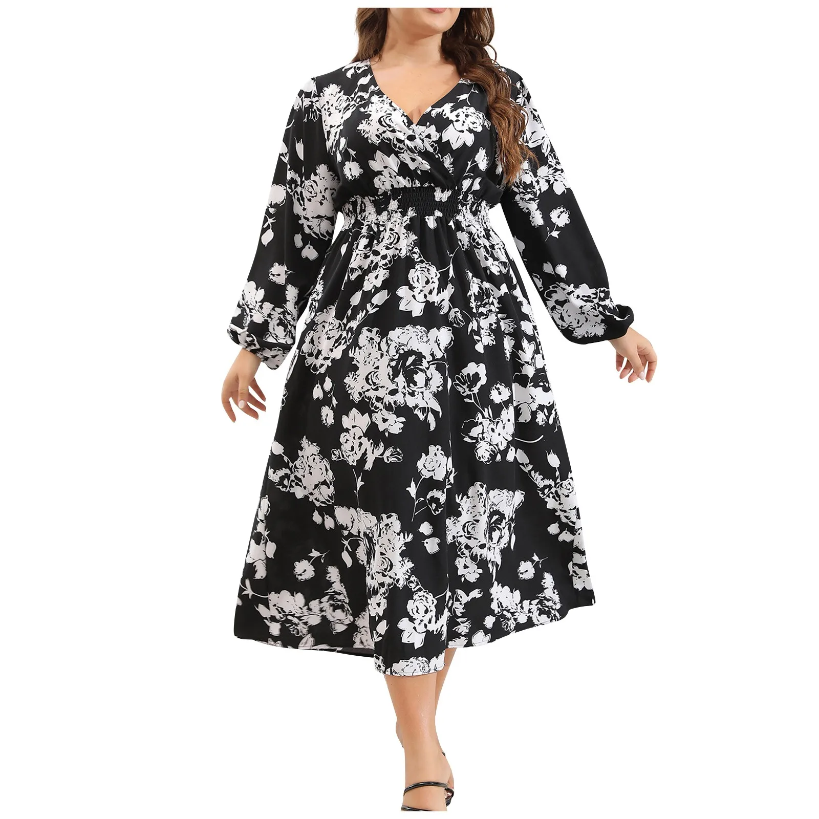 Plus Size Casual Dress Woman 2023 Autumn V dekolt krótki rękaw długa sukienka z kwiatowym wzorem czarna, zakrzywiona odzież damska