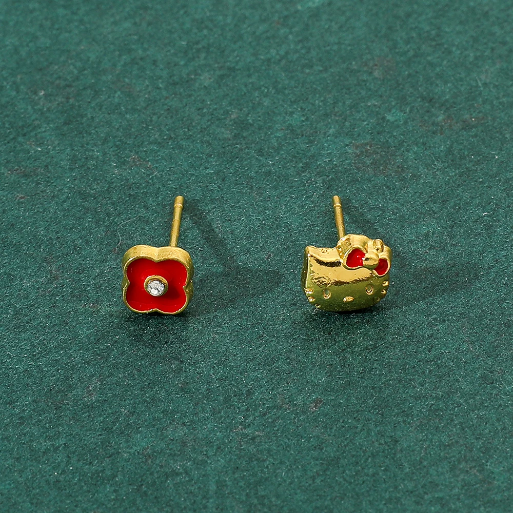 Sanrio Hello Kitty and Cute Little Red Flower Earrings Creative Cute Asymmetric Earrings Sweet Style Fashion Girls Ear Studs