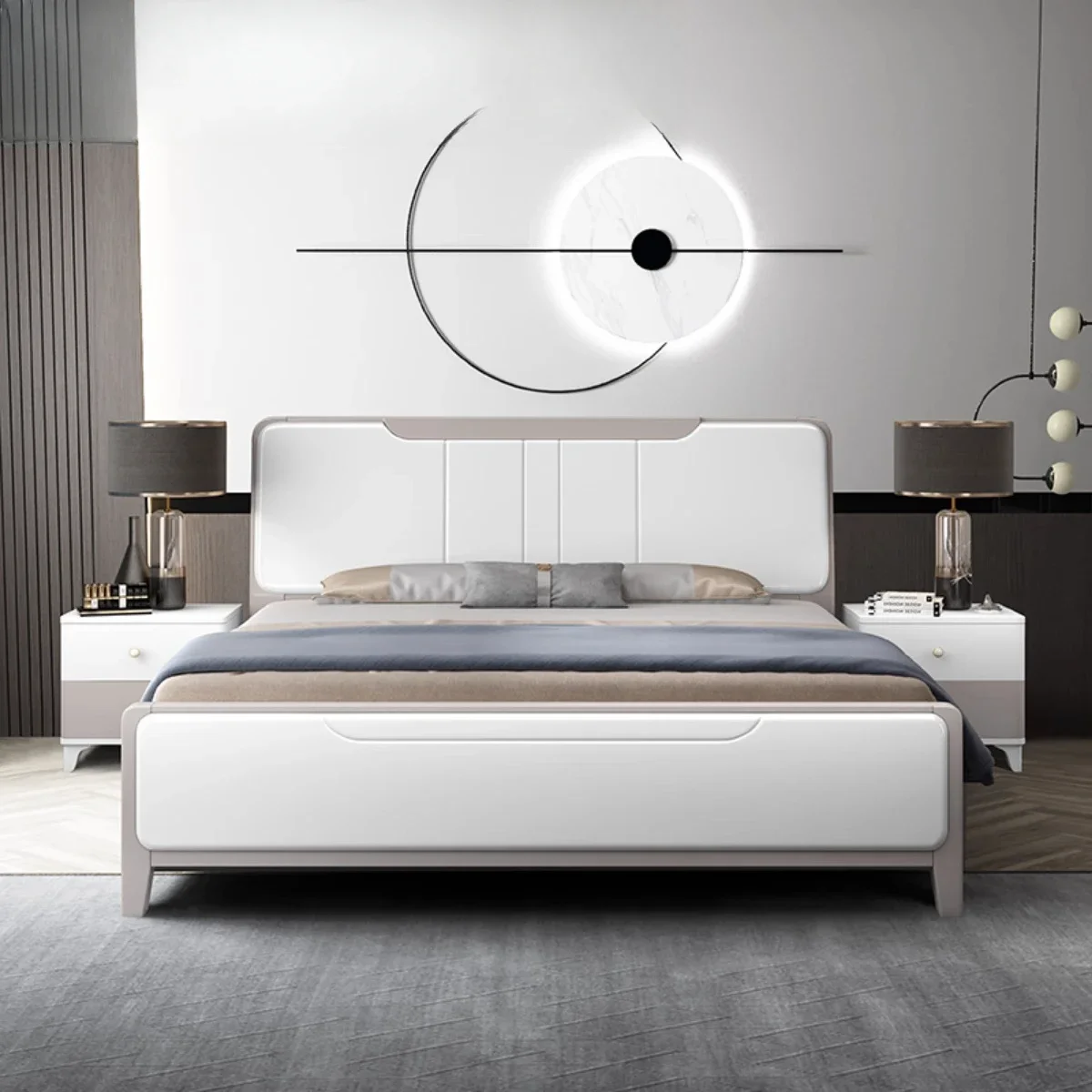 Modern minimalist all-solid wood bed, white lacquered double bed