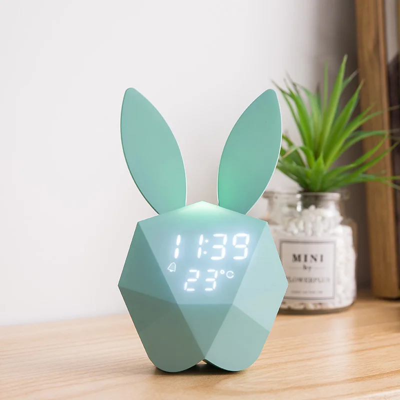 Cute Rabbit Led Night Light Bunny Digital Alarm Clock Intelligent Sound Control Usb Rechargeable Table Wall Clock For Home Decor