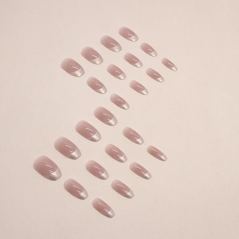 24pcs Short Ballet Blush Champagne Aurora French False Nails for Gluing Korean Cheap Medium Fake Nail Press on Finger Nail Kit