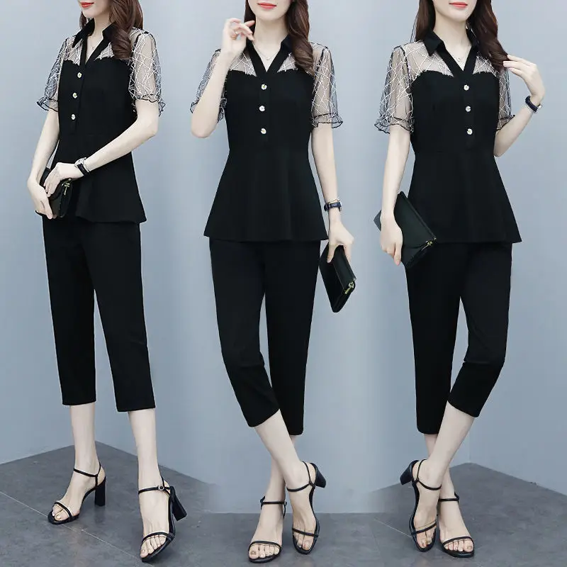 2022 Summer New Korean Fashion Hollowed Out Daisy Elegant Women\'s Suit Sexy Lace Chiffon Shirt Pants Two-piece Set Trouser Suits