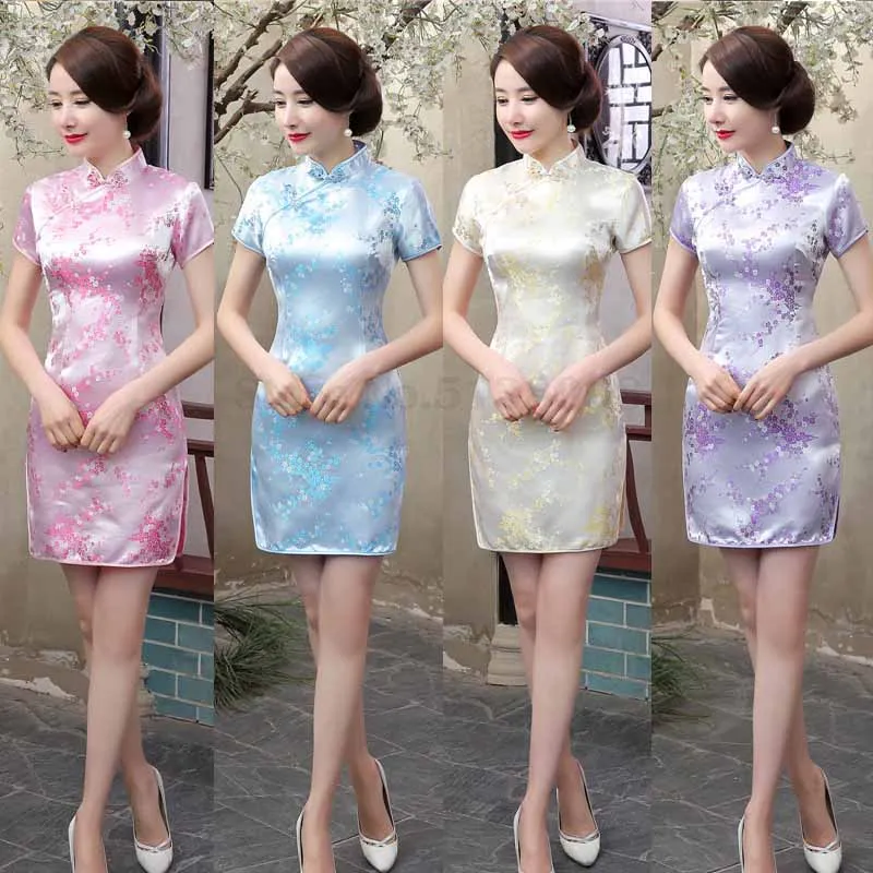 Women's Sexy Mini Qipao Chinese Traditional Oversize 6XL Vestidos Vintage Mandarin Collar Short Cheongsam Flower Slim Dress